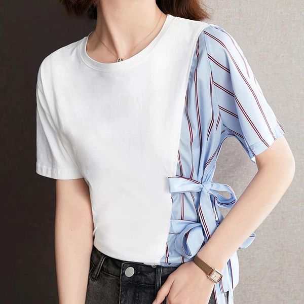 

women's t-shirt patchwork striped lace-up women summer short sleeve white girls students loose casual basic plus size