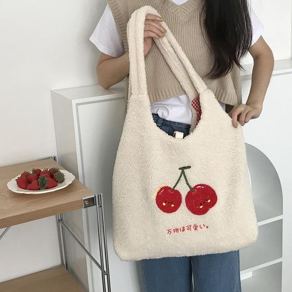 

duffel bags plush tote bag women designer handbag 2021 girl shopper fashion casual cute embroidery cherry letter large capacity shoulder