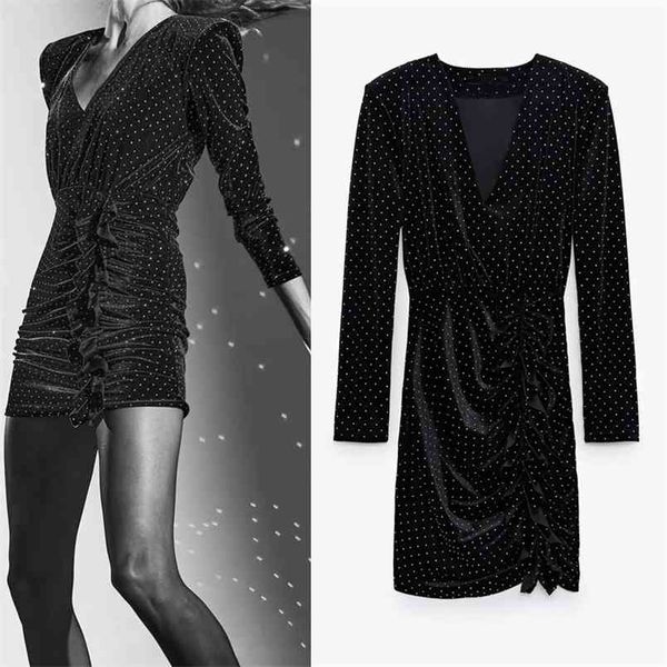

vintage beading black velvet dress women winter sequin ruffle long sleeve mini party es ladies elegant 210519, Black;gray