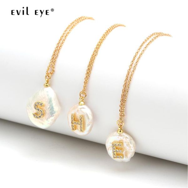 

pendant necklaces evil eye micro pave 26 initial letter necklace gold color chain alphabet pearl jewelry for women female ey6469, Silver