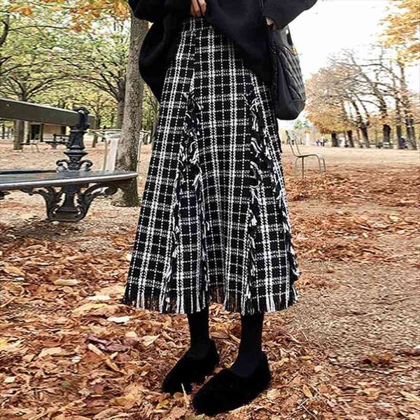 

elegant autumn winter skirt women empire wool tassels skirts plaid mid skirts casual ladies office skirt, Black