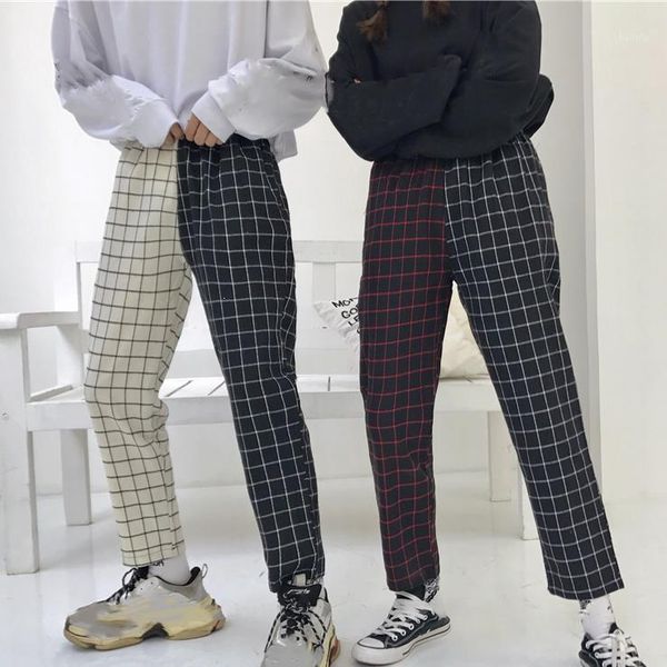 

women's pants & capris korean streetwear fashion plaid block slim women summer thin student length 2021 elegant casual trousers, Black;white