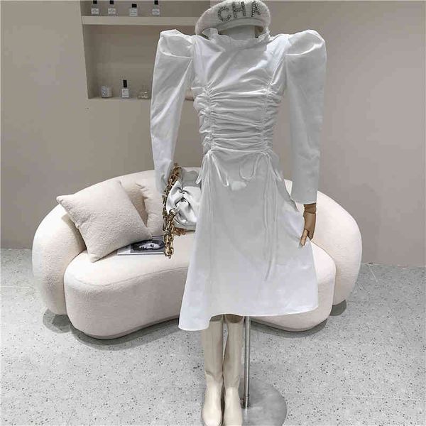 

dresses niche collar with drawstring plied spring feminine design waist felt and thin hip bubble dress, Black;gray