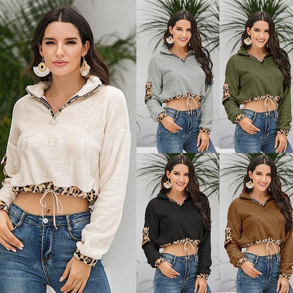 

women's hoodies & sweatshirts flannel plush women leopard patchwork casual drawstring crop v-neck pullover autumn winter outfits track, Black