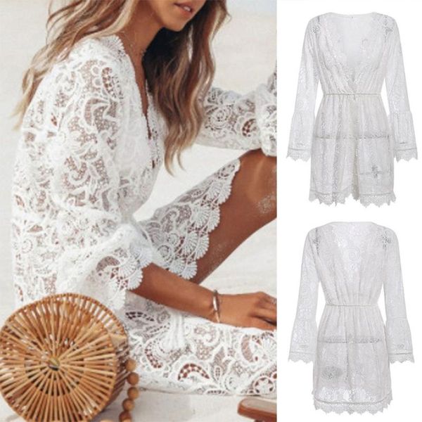 

one-piece suits women swimsuit beach robe cover up hollow out crochet lace kimono cardigan long sleeve deep v-neck bikini beachwear
