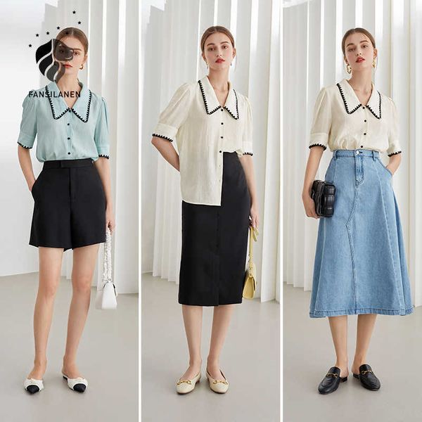 

fansilanen office lady puff sleeve blue white shirt women summer short thin french straight blouses 210607