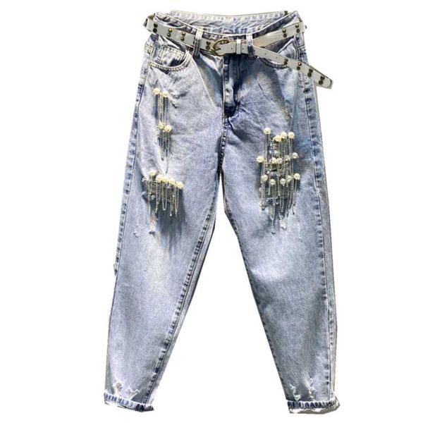 

women's jeans 2021 spring heavy work beading hole women high waist loose harem pants plus size 26-31, Blue