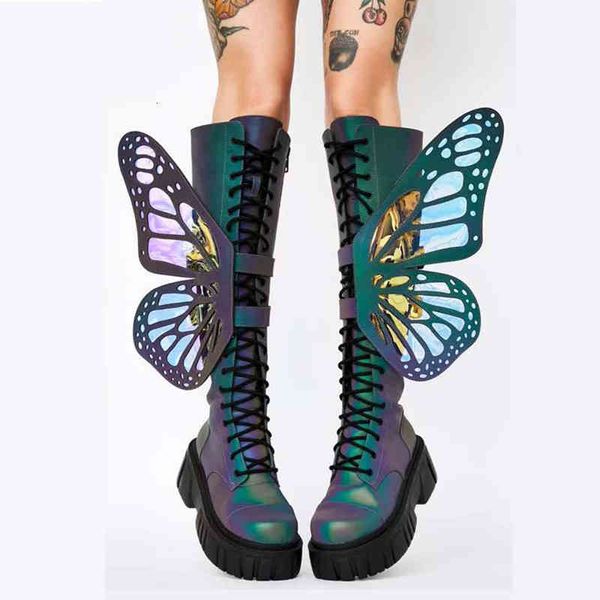 

boots new butterfly wings design women knee high thick sole motorcycle lace-up platform long autumn shoes t7oi, Black