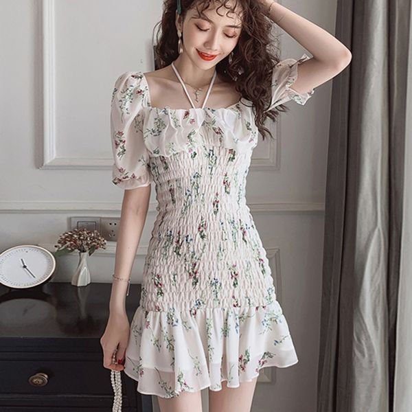 

dress korean sweet chiffon white women floral print boho beach dresses casual mini bandage ladies vestidos robe femme pfz0, Black;gray