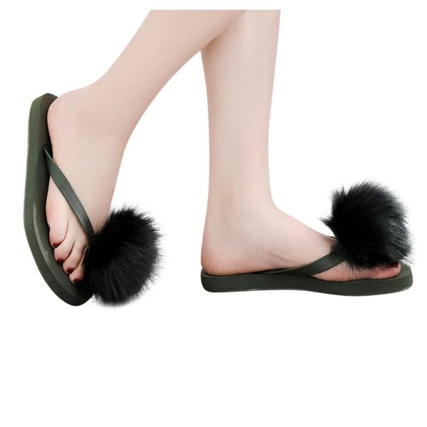 

slippers womail flip-flops women solid causal summer beach breathable shoes fake fur home slipper flat 2021, Black