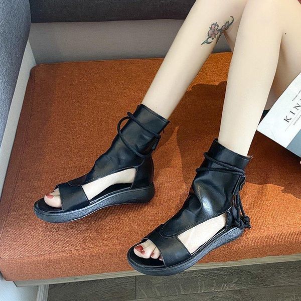 

black women sandals pu leather lace up thick bottom wedges woman open toe shoes hollow out solid summer boots