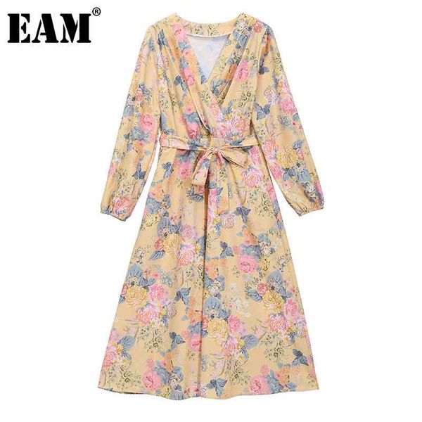 

[eam] women yellow pattern printed bandage long dress v-neck long sleeve loose fit fashion spring summer 1dd8710 210512, Black;gray
