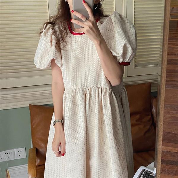 

[ewq] korea chic summer women dresses round neck robe contrast color lace bow polka dot puff sleeve office midi dress, Black;gray