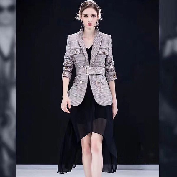

winter women's plaid windbreaker jacket long-sleeved double-breasted belt vestidos fashion runway party coat, Black;brown