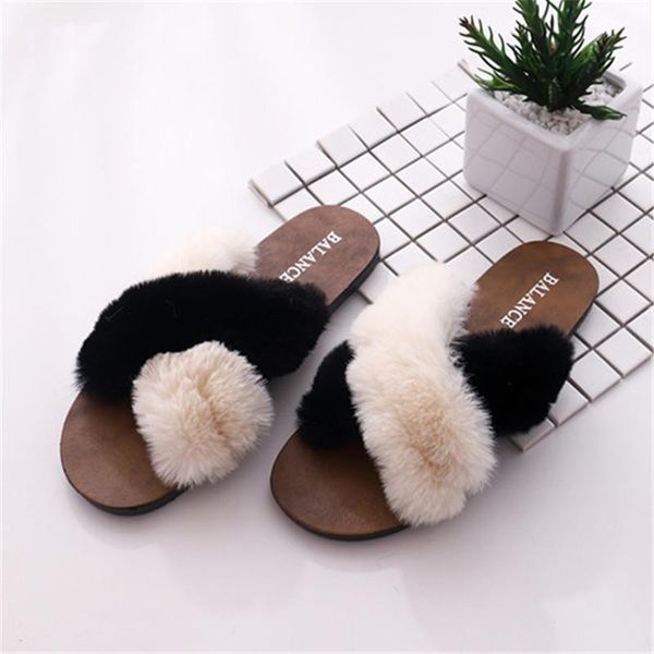 

ladies wear all-match cross fur flat-bottom non-slip one-word slippers, Black