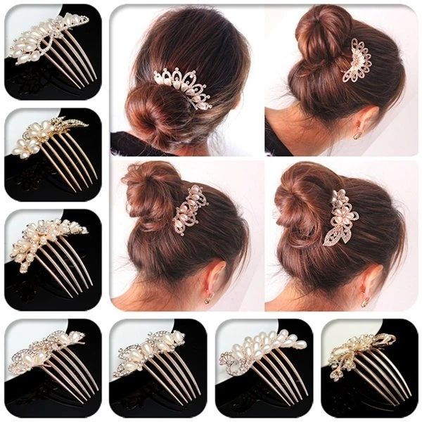 

flower crystal rhinestone pearl hair clip comb pin hairpin - #06, Black;brown