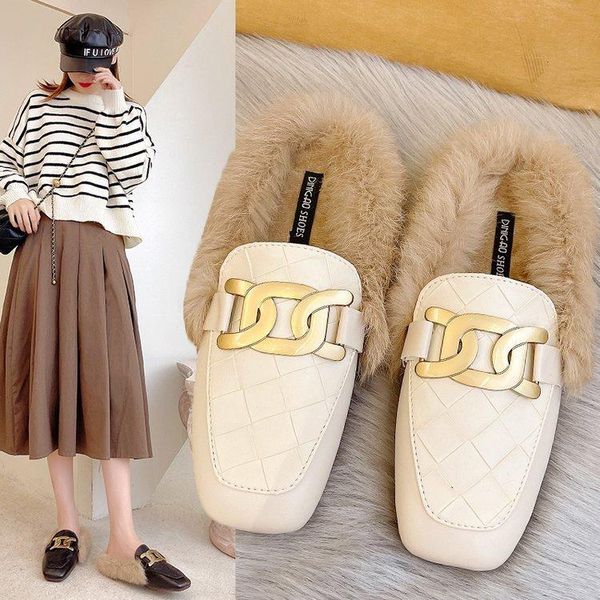 

slippers fur shoes woman's loafers luxury slides cover toe rivet female mule low plush 2021 designer flat mules basic pu rubber, Black