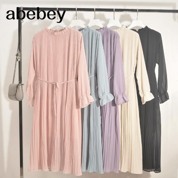 

casual dresses elegant stand collar floral print women dress full sleeve elastic slim waist chiffon spring a-line long 2021, Black;gray