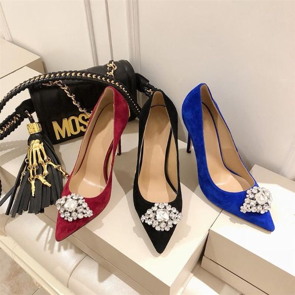 

spring/autumn wedding pumps women's high heels bling diamond-bordered flock ladies shoes genuine leather slip-on shallow dress, Black