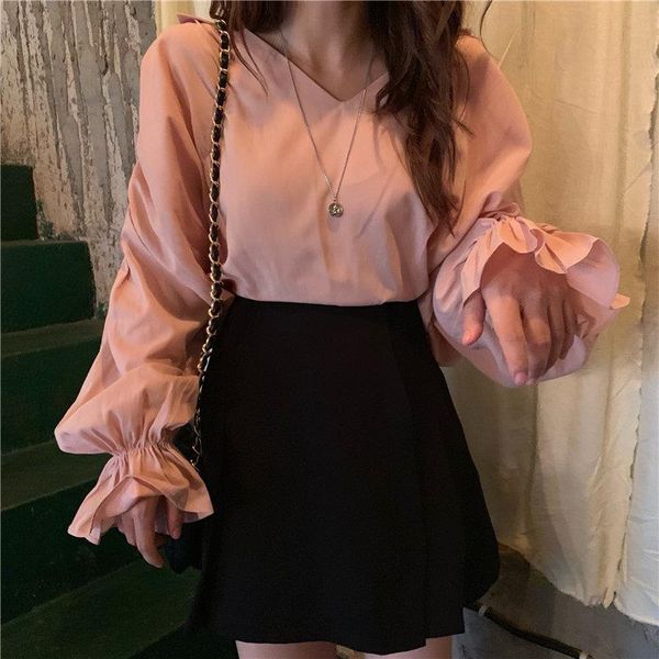 

hzirip pink high street solid v-neck loose ol casual 2021 all match quality leisure blouses chic sweet shirts women's &, White
