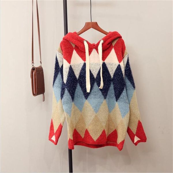 

women's sweaters geometric contrast color hooded women sweater student 2021 autumn and winter loose casual, White;black