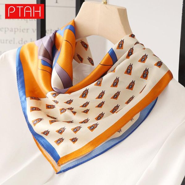 

scarves [ptah]autumn scarf ladies 100% mulberry silk women small square neckerchief digital printed 53*53cm, Blue;gray