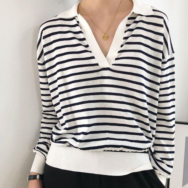 

women's sweaters v-neck knit sweater long sleeve stripes female casual clothes ladies pullover, White;black