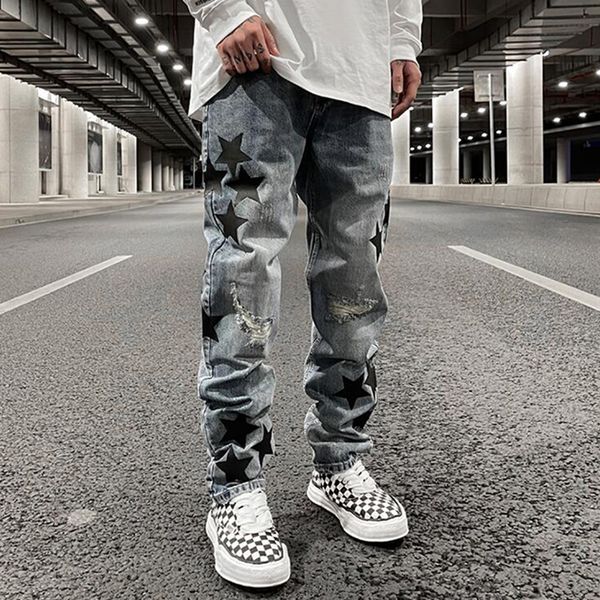 

high street pu leather embroidery washed knee hole men's jeans pants straight casual oversized loose denim trousers, Black;brown