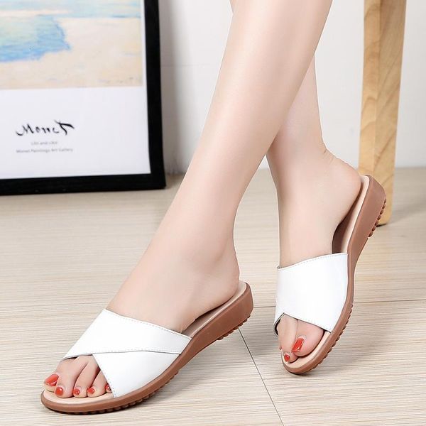 

slippers 2021 summer women slip on round toe flat slides sandals white black leather flip flops 799