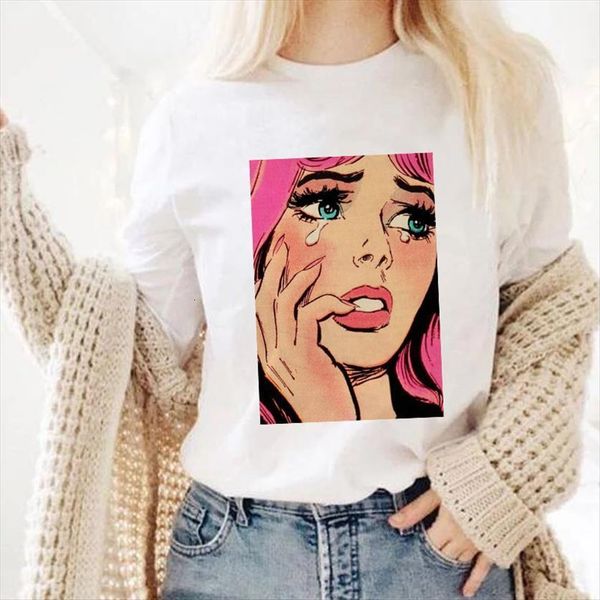

girl sad print fashion women retro casual summer short sleeve o neck harajuku female, White