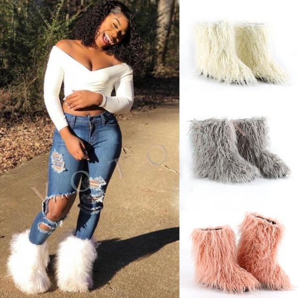 

boots winter warm womenfur woman fluffy plush faux fur snow female furry outside slip on lady soft flat cotton shoes, Black