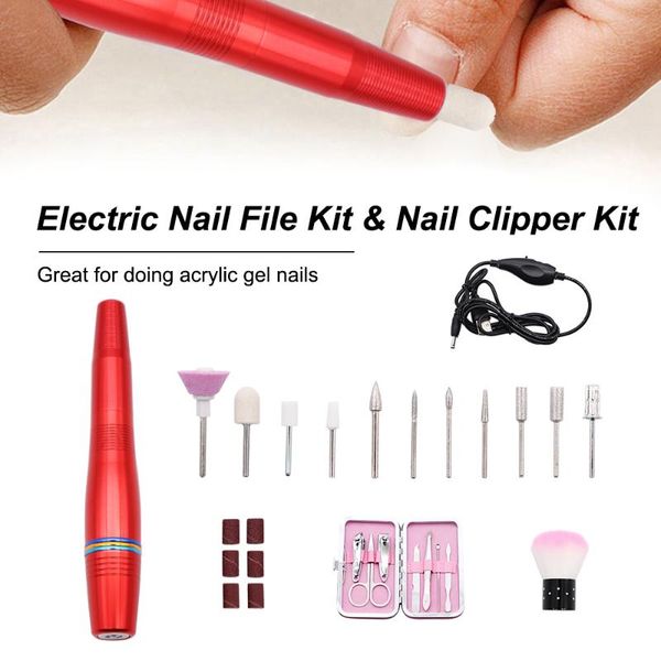 

nail art kits electric file & clipper kit manicure pen drill machine bits sand bands dust brush grinding polishing