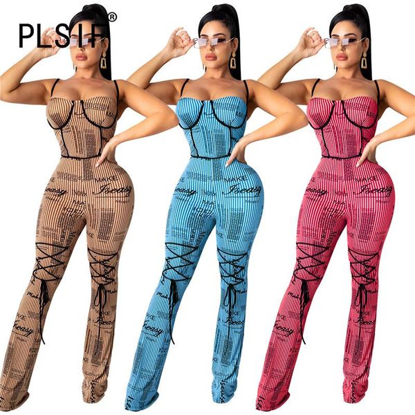 

letter striped print spaghetti strap lace up flare jumpsuit women club one piece overall romper 2021 spring winter women's jumpsuits &, Black;white