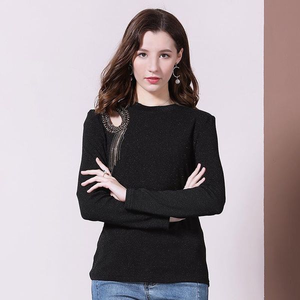 

women t shirt bottoming long-sleeved hollow personality beaded tassel thin knit ladies t-shirt tshirt women's blouses & shirts, White