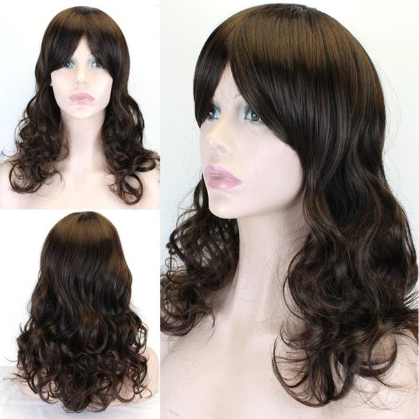 

synthetic wigs joy&beauty long dark brown women with bangs water wave heat resistant for black african american hair
