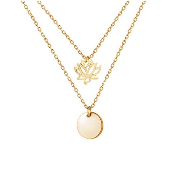 

dainty gold double layered lotus blossom & plain disc necklace delicate boho pendant simple cable chain choker drop chains, Silver