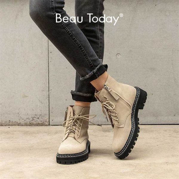 

beautoday fashion ankle boots women cow suede lace-up zip platform genuine leather ladies winter boots handmade 03443 211012, Black
