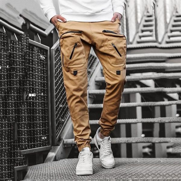 

fashion men's street pants woven casual cargo zipper pocket trousers cotton men fitness sports, Black