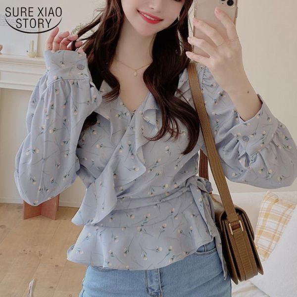

women's blouses & shirts 2021 puff sleeve clothing blusas mujer casual long women blouse autumn ruffled floral chiffon shirt office 102, White