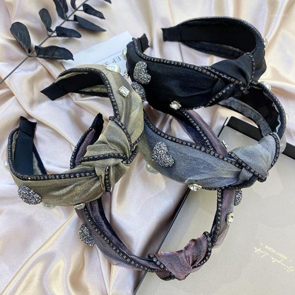 

women elegant pearl rhinestone crystal hairbands headband girls simple gauze knotted wide-side hair hoop bands accessories1