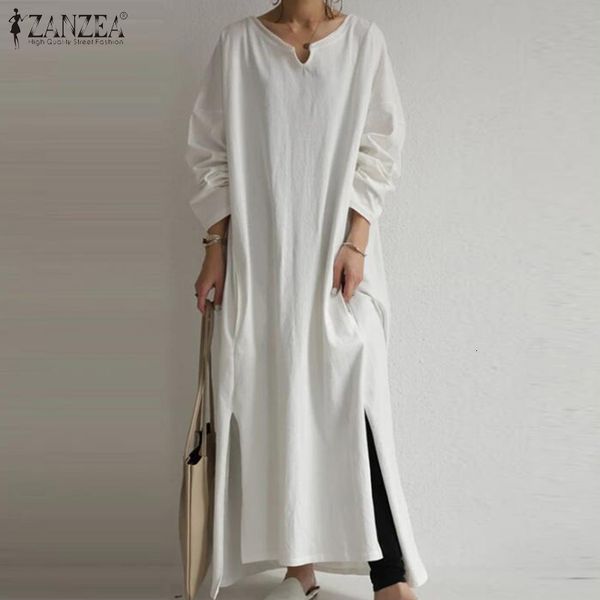 

women's blouses & shirts women casual solid long dress sundress autumn sleeve split hem cotton linen dresses zanzea fashion basic, White