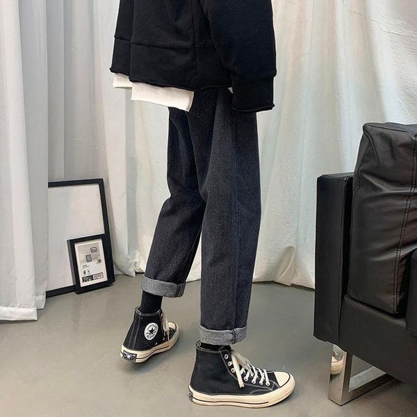 

cool designer brand japan jeans loose ripped straight-leg stretch slim fit hop pants with holes for men printed men's, Blue