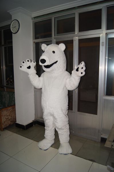 Yüksek QualityLue Beyaz Polar Bear Maskot Kostüm Cadılar Bayramı Noel Fantezi Parti Karikatür Karakter Kıyafet Takım Elbise Yetişkin Kadın Erkek Elbise Karnaval Unisex Yetişkinler