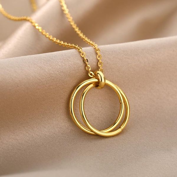 

pendant necklaces stainless steel interlocked circle for women gold round choker charm necklace party aesthetic jewelry bijoux, Silver