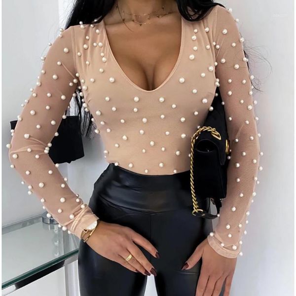 

women's blouses & shirts fashion women beading mesh see through low cut autumn slim long sleeve female girls blouse tees, White