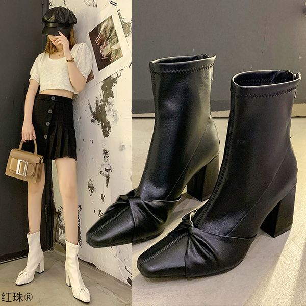 

black martin spring and autumn single 2021 korean style high chelsea women's thick heels short boots