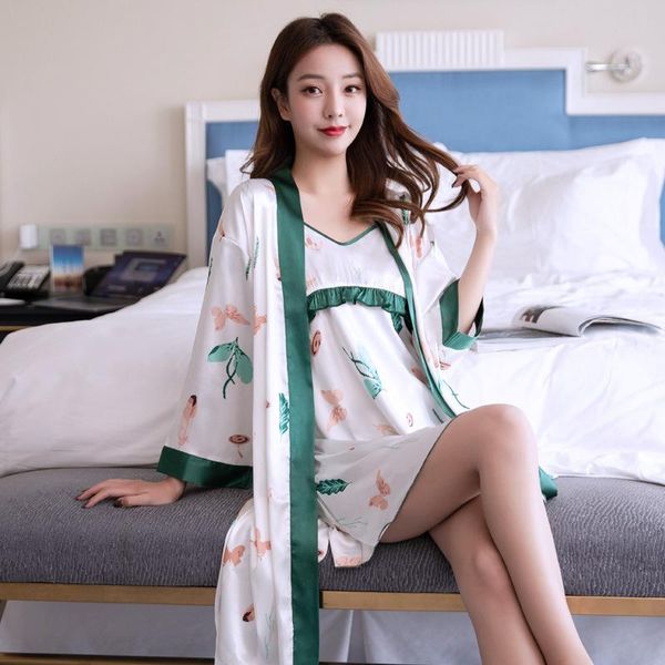 

women's sleepwear summer women robe nightdress set casual soft kimono bath gown print cartoon 2pcs sleepinggown nightwear silky satin h, Black;red
