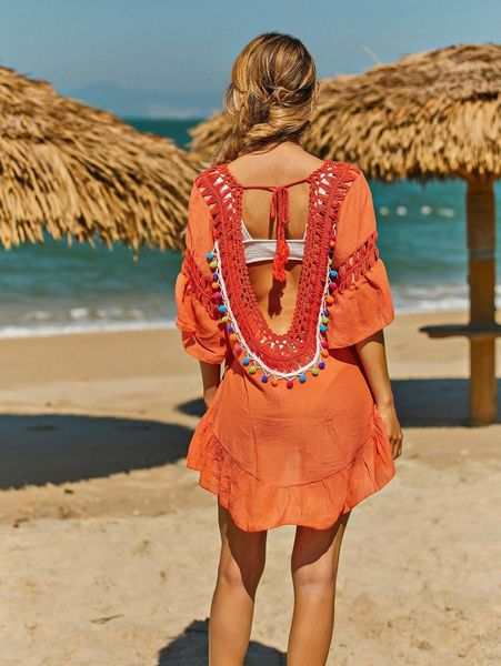 

tassel tie back pompom detail crochet insert cover up l2nq#, White;black