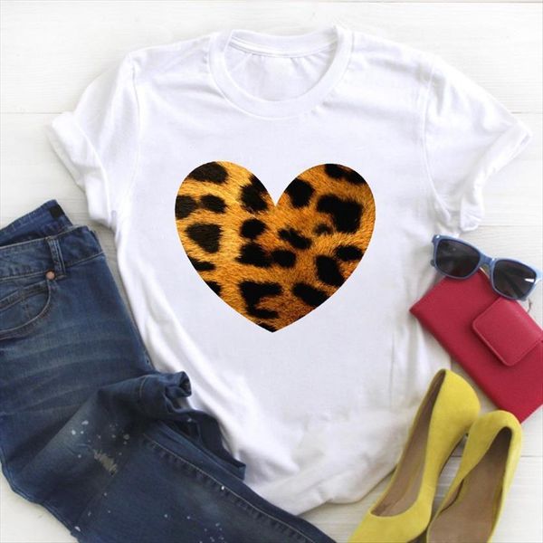 

cartoon leopard love heart womens t shirts print short sleeve summer tee female graphic, White