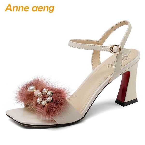 

summer genuine leather women sandals high square heel peep toe buckle pearl hair ladies shoes, Black